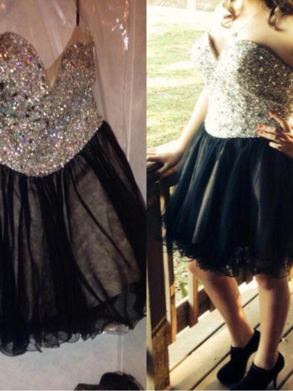 Sparkling Silver Sequin Bustier with Black Tulle Skirt Party Dress